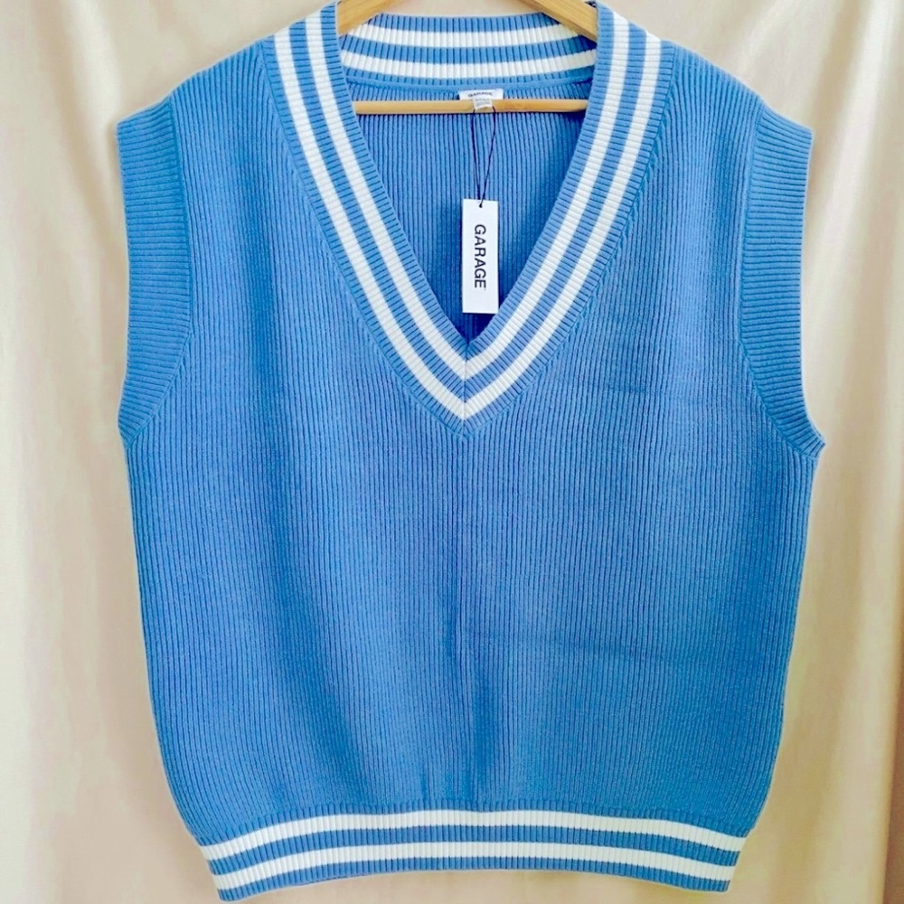 Garage Blue V-Neck Ribbed Oversized Sweater Vest